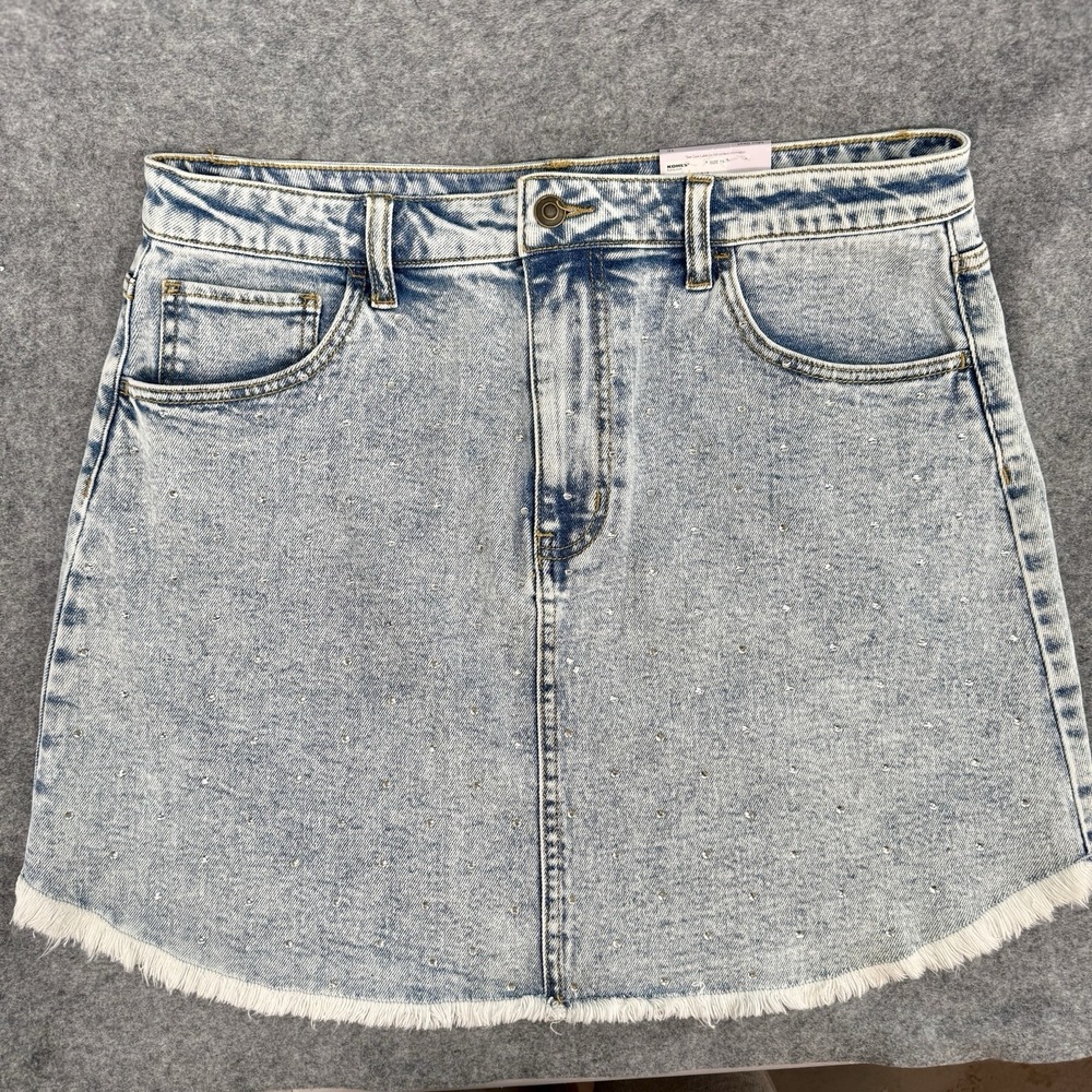 NWT SO Goods For Life Denim Mini Skirt W/Rhinestones Juniors 15 Womens L Frayed‎